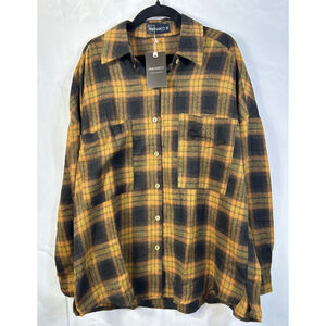 PINKMARCO Plaid Button Down Shirt Size Small Black Orange pockets